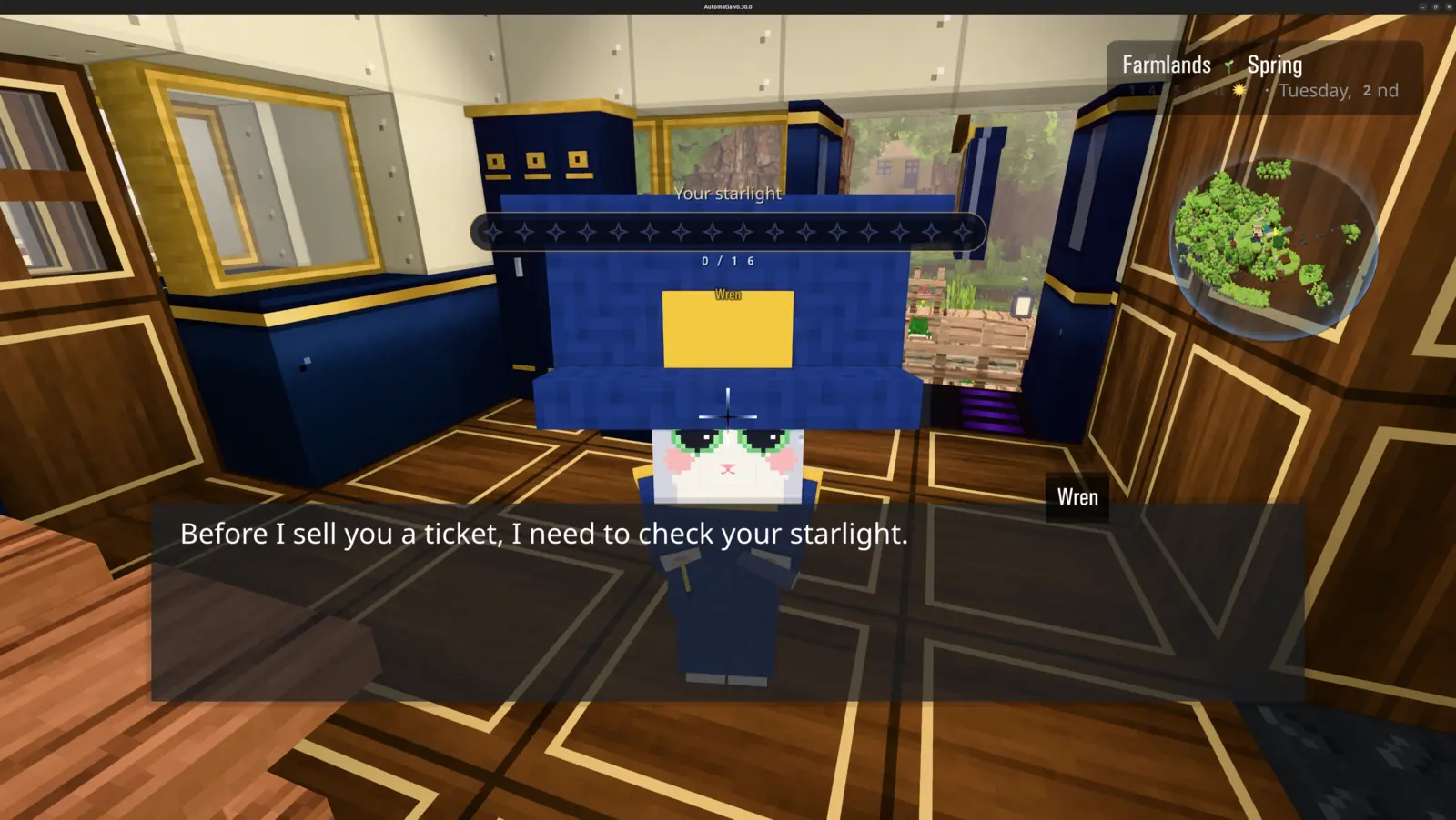 Automatia screenshot: Wren checks your starlight before selling a ticket