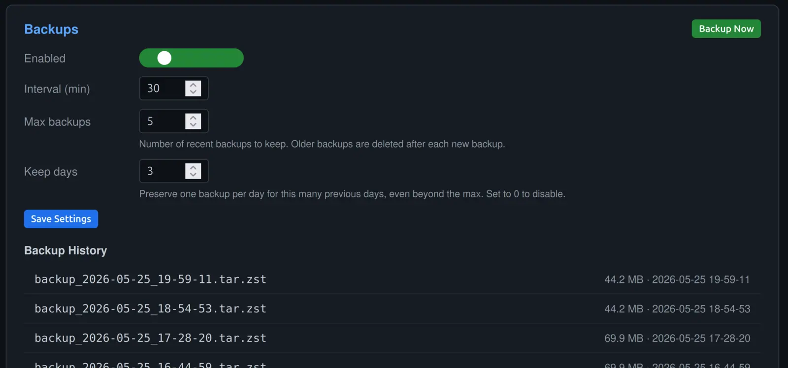 Automatia screenshot: Server settings and backups