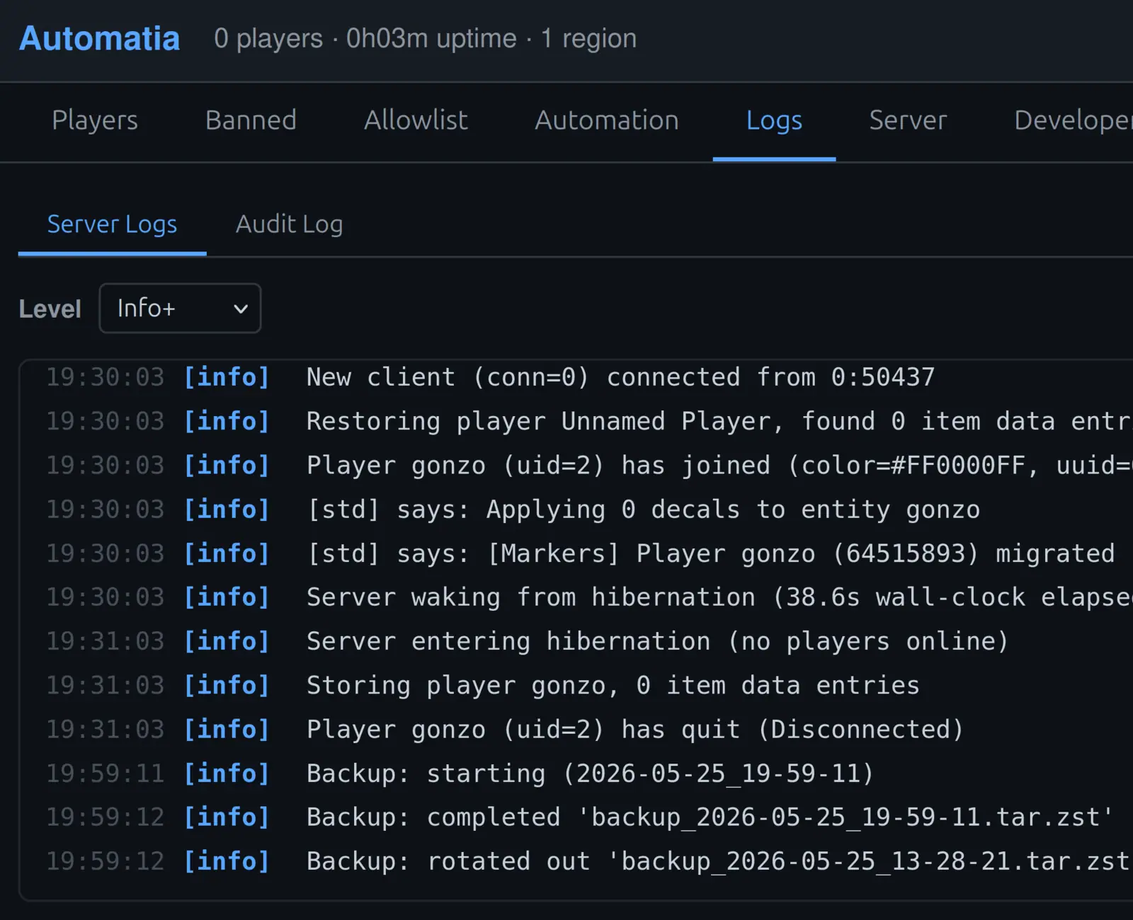 Automatia screenshot: Server settings and backups