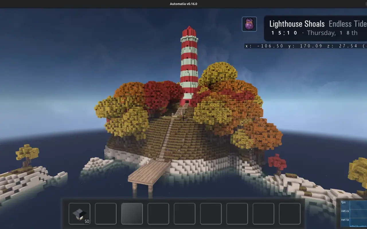 The lighthouse world in Automatia: a lighthouse on a rocky island ringed by open sea.