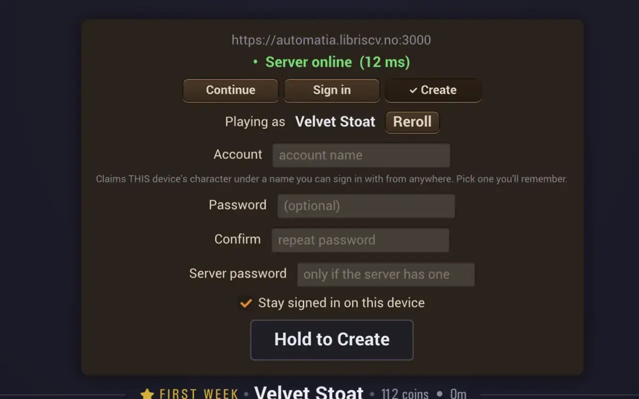 The Automatia login screen, showing the Continue, Sign in and Create choices above a Hold to Create button.
