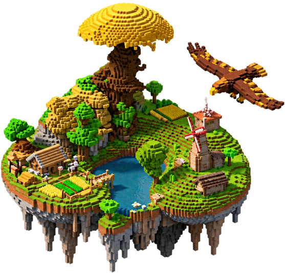 Automatia artwork: a floating island with a farmstead, a windmill beside a lake and a great golden tree, with a bird circling above it.