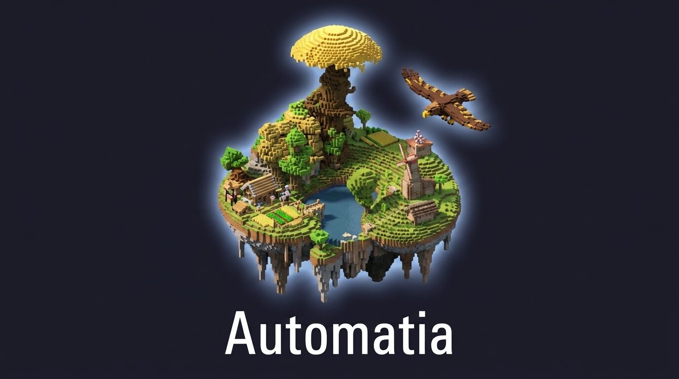 Automatia artwork showing a floating island, a windmill beside a lake, and a golden tree.